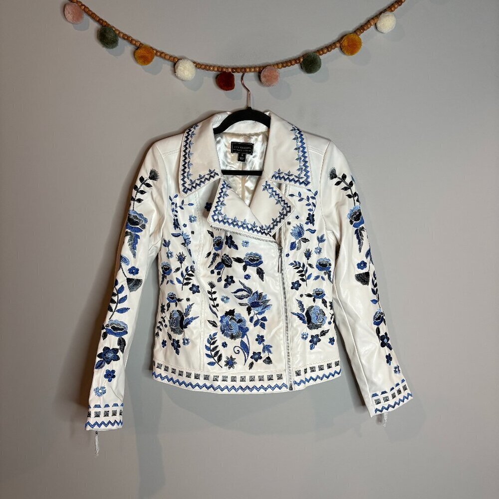 G by Giuliana Black Label Faux Leather Moto Jacket Floral Embroidered